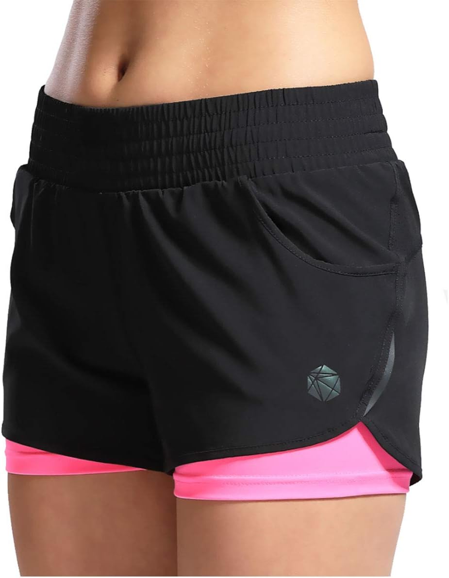 Womens Short 2 in 1 Running Shorts Sports Jogging Gym Pants with Pockets