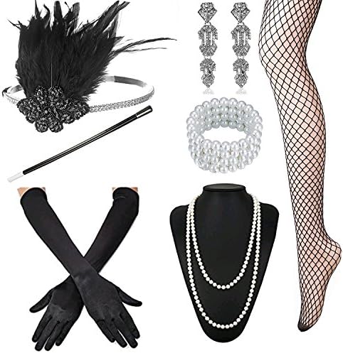 1920s Accessories Set Flapper Headband,Earrings,Pearl Necklace,Gloves,Net Tights,Pearl Bracelet (Set-3)