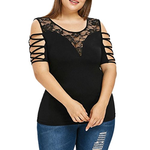 Click Here to See More Images NREALY Womens Plus Size Casual Solid Cross Strapless Lace O-Neck T-Shirt Tops Blouse