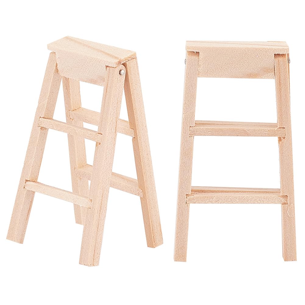 OLYCRAFT 2Pcs Mini Wooden Step Ladder Miniature Wood Ladders Mini Wooden Stairs Furniture Garden Ladder Decoration for DIY Crafts Micro Landscape Prop Decorations - 55x30x8mm