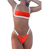 HYTENSUN Women's Bandeau Cheeky Bikini Colorblock Square Neck High Cut Swimsuits Two Pieces Bathing Suits