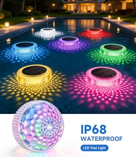 Solar Float Lights for Swimming Pool, 7 Colors RGB + Running Effect, IP68 Waterproof, 4 Brightness Levels, 10m Remote Control, Timer 2/4/6h - for Pool, Pond, Garden, Party Decoration