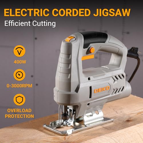 Electric Jigsaw: DEKOPRO 400W Wood Saw Jigsaw Reciprocating Jigsaws, 6 Variable Speeds 0-3000 SPM, ±45° Inclined Cut with 8 Blades for Wood, Metal and Plastic