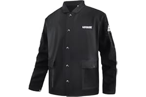 LeaSeek Welding Jacket Leather Sleeves | Flame Resistant (FR) Cotton Weld Coat | Welder Jacket for Men Women | Black, S-4XL