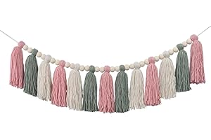 DRCOR DREAMING DECOR DrCor Boho Pink & Sage Green Tassel Garland – Soft Pastel Wall Hanging for Nursery, Kids Room or Dorm, Baby Shower, Birthday Party Backdrop, or Cozy Fall Home Decor