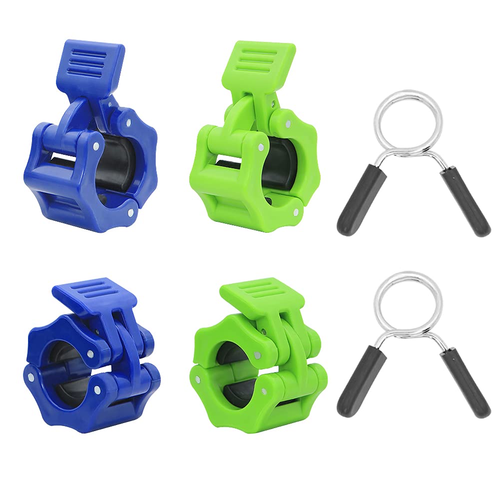 Geluode 4 Pcs 1 Inch Barbell Clip with 2 Pcs Barbell Spring Clip, Quick Release Barbell Clamps Collar Dumbbell Lock Clamps for Fitness Strength Training(Blue+Green)