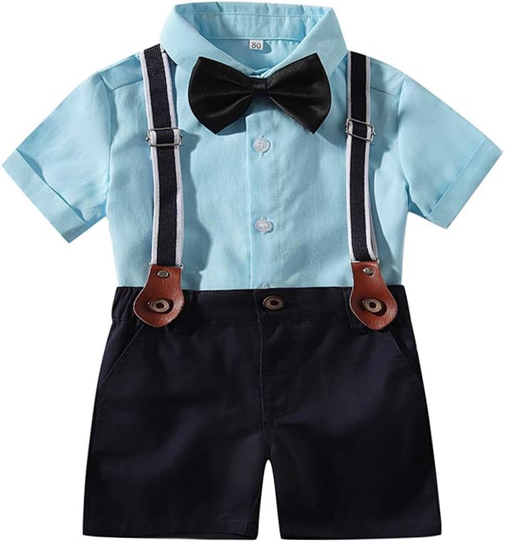 Abolai Baby Boy Summer Cotton Gentleman Long Sleeve Bowtie Romper Suspenders Shorts Outfit Set