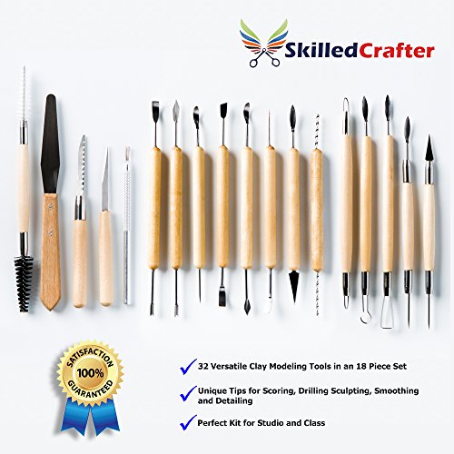 Skilled Crafter Clay Modeling Tools with Zip-Up Case. Quality 18 Piece Double Ended Sculpting & Detailing Set for Sculpey, Polymer, Ceramics, Dough and Wax. Perfect For Studio or Class - Thumbnail 2