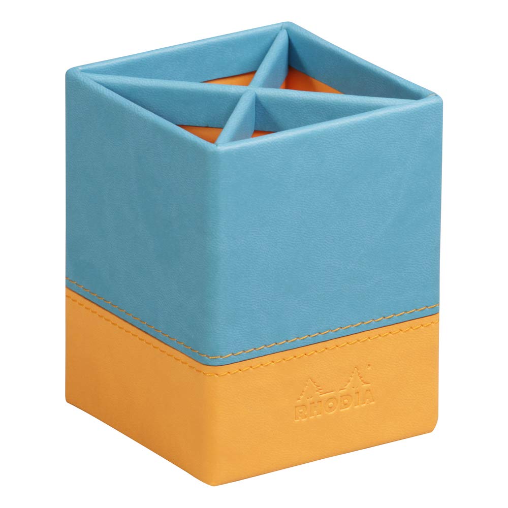 RHODIA 318817C - Turquoise Pencil Pot - 8x8x11 cm - Orange Sellier Stitching - Faux Leather Exterior - Rhodiarama Home Office Collection - Office Organization & Designer Storage