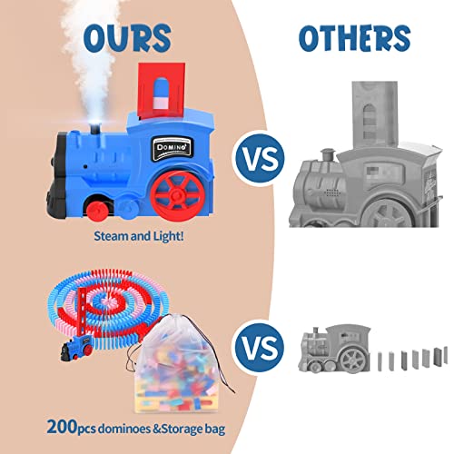 Skirfy Domino Train,200 Pcs Dominoes for Kids with Steam,Light & Sound, Automatic Domino Train Toy with Storage Bag,Train Domino Stacker,Creative Birthday Gifts for Boys and Girls Age 3-6