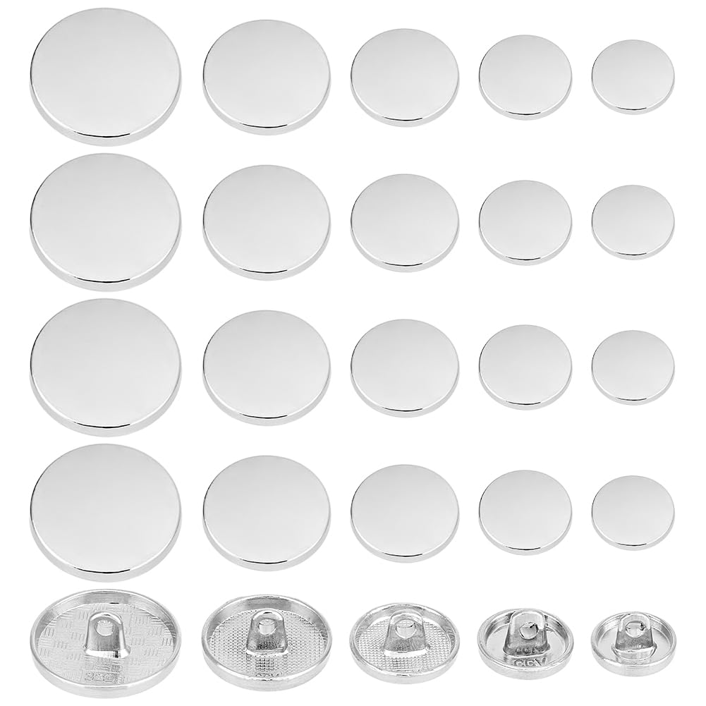 OLYCRAFT 100pcs Alloy Shank Buttons Metal Flat Buttons 11.5mm 12.5mm 15mm 18mm 20mm Round Sewing Buttons for Sewing DIY Crafts and Jewelry Making - Platinum