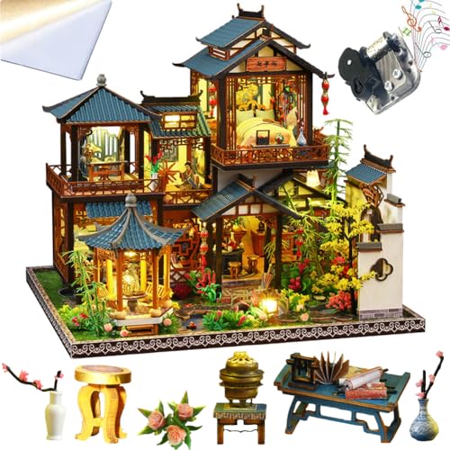 TOPBSFARNY 3D Wooden Miniature Assembled Dollhouse Kit,Chinese Style Yard Playground with Musical Creativity, Halloween Birthday Gift (with Dust Cover)
