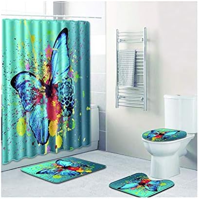 AAJewels 4 Piece Shower Curtain & Bath Rug Set Polyester Pedestal Rug & Toilet Seat Cover & Bath Mat Butterfly Printing Style 02 (50x80cm)