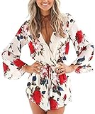 Relipop Women's Floral Print Long Sleeves Short Romper Playsuit Jumpsuit (Small, Red)