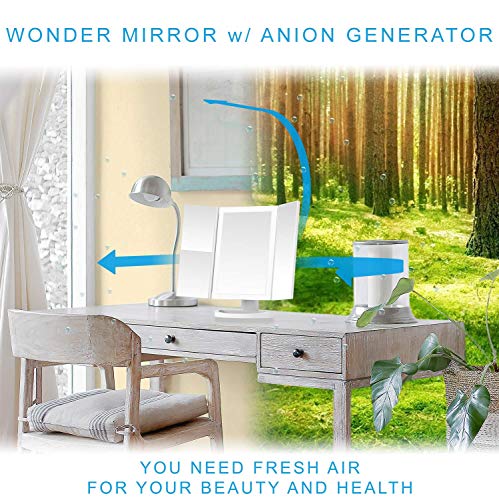 WONDER MIRROR 2019 Led Lighted Trifold Makeup Mirror w/Built-in Air-Vitamin Anion Generator for Ionic Conditioning + Big 10x Magnification Mirror w/Suction-Cups + Charger w/Long 7 ft Cord