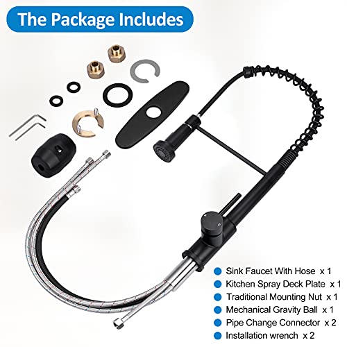Matte Black Kitchen Faucet with Pull Down Sprayer, Lanhado Commercial Spring Kitchen Sink Faucet with Deck Plate, Single Handle One Hole Kitchen Faucets for RV, Stainless Steel Faucet for Kitchen Sink