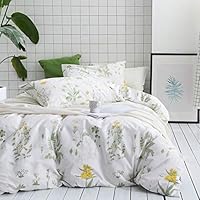 Wake In Cloud - Botanical Duvet Cover Set, 100% Cotton Bedding, Yellow Flowers and Green Leaves Floral Garden Pattern Printed on White (3pcs, Twin Size)