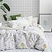 Wake In Cloud - Botanical Duvet Cover Set, 100% Cotton Bedding, Cottagecore Yellow Flowers and Green Leaves Floral Garden Pattern Printed on White (3pcs, King Size)