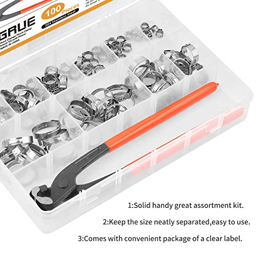 VIGRUE 100Pcs 304 Stainless Steel Single Ear Hose Clamps with Ear Clamp Pincer Stepless Hose Clamps for Securing Pipe Hoses and Automotive Use - Thumbnail 5
