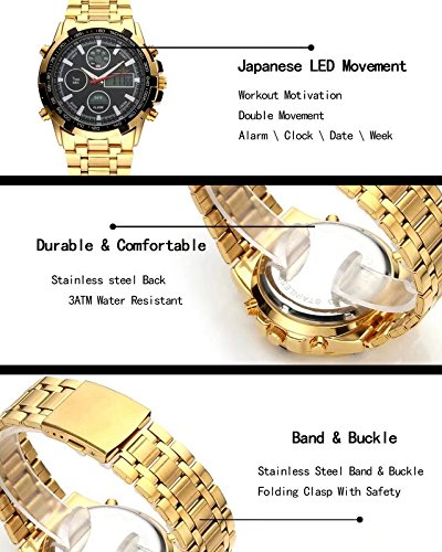 JSDDE Montre Doré Montre Homme Etanche Bracelet en Acier Calendrier Chronomètre 3ATM Montre Multifonction Sport Grand Cardan