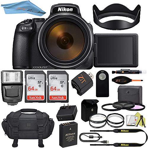 Nikon COOLPIX P1000 Digital Camera Black 26522 + 2pc SanDisk 64GB Memory Cards + Deluxe Camera