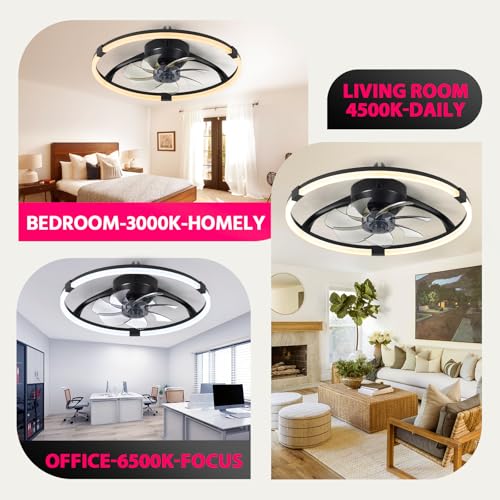 Lujeet Ceiling Fans with Lights Low Profile, 19.7'' LED Ceiling Fan with Remote & APP, 3CCT Dimmable Ceiling Fan with Light Flush Mount, Reversible 6 Speeds Ceiling Fan with Light for Bedroom Black