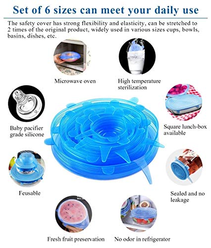 Silicone Stretch Lids,6 Pack Bowl Covers Food Huggers Flexible Lids for Pots Reusable Expandable Containers for Fruits Vegetables Cups Bowls Dishes Cans