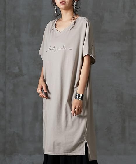 Amazon Nissen ニッセン カジュアル 洗濯機洗いok トップス チュニック 汗染み防止加工付 胸ロゴ入前後vロング丈チュニック ワンピース グレージュ M ワンピース チュニック 通販