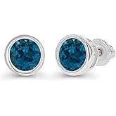 14K Gold Plated 925 Sterling Silver Hypoallergenic 4mm Round Bezel Set Genuine Birthstone Solitaire Screwback Stud Earrings