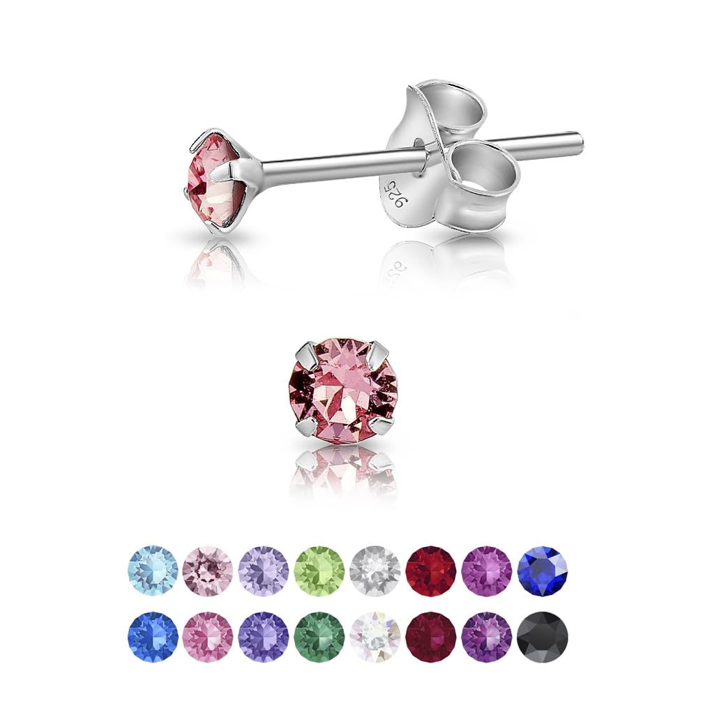 925 Sterling Silver Round Tiny Stud Earrings made with Glittering Crystals - Small Silver Studs Earrings for Woman - Diameter: 3 mm - Colour : Light Rose