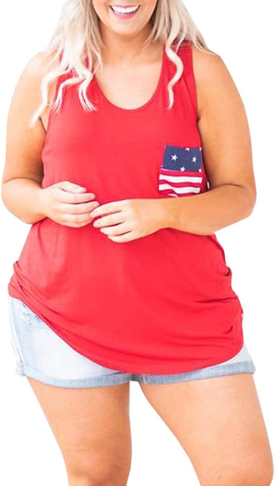 4th of July Womens Plus Size Racerback Tank Tops Sleeveless American Flag Pocket Patriotic T 