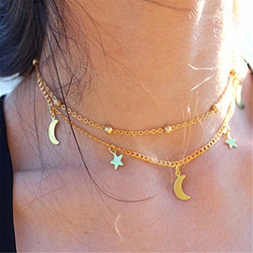 Click Here to See More Images NEW Double-deck Star Moon Pattern Necklace Simple Style Short Gold Silver Chains
