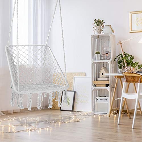 Karriw Hammock Chair Macrame Swing, Cotton Hanging Swing Chair for Indoor, Outdoor, Garden, Home (White)