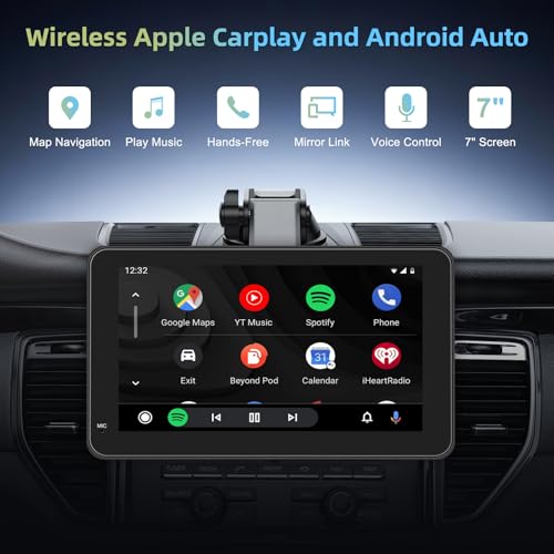 Wireless Car Radio, Wireless A-pple Carplay & Android Car Portable, 7 Inch HD Stereo Car HD Touch Screen, Car Radio with Mirror Link, GPS Navs, Bluetooth, Voice Control, FM, Plug & Play Car Play