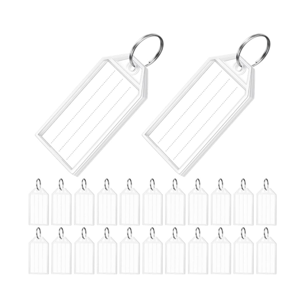 Gokoti 100 Pieces Key Tags 2 Inch Plastic Key Chain Tags with Ruled Blank Transparent Covers and Item Identifiers Easy to Use