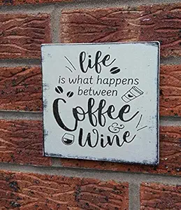 PotteLove Wooden Sign Shabby Chic Distressed Rustic Life is What Happens Between Coffee Wine Sign Wooden Sign Plaque Decoration 16