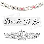 Bride to Be Bachelorette Party Decoration Kit - Wedding Bridal Shower Supplies Set Includes White Satin Sash, Metal and Rhinestone Tiara, and Bride To Be Banner with Ribbon