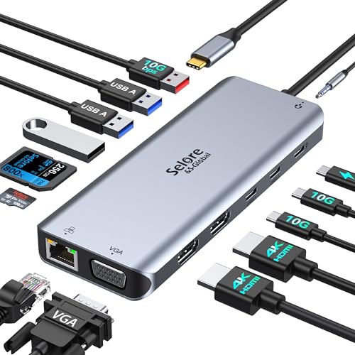 Selore USB C Laptop Docking Station Dual Monitor, USB C HUB Mutilport Adapter with VGA+HDMI+PD+SD Card Reader+USB Ports Compatible for Macbook Dell HP
