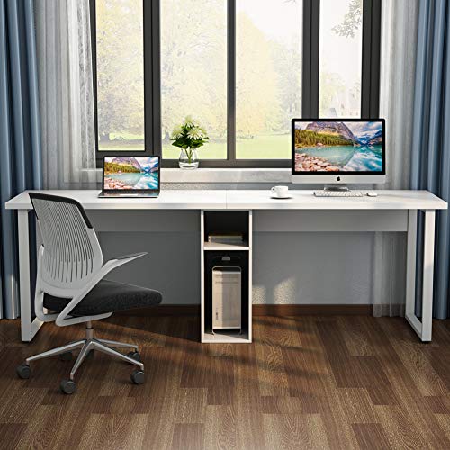 LITTLE TREE 78" Extra Large Double Workstation Computer Desk for Two Person, Simple Modern Style Office Desk with Storage (White)