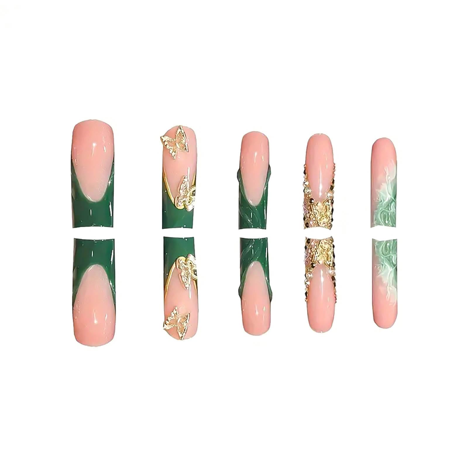 RUOKEXIN Long Square Press on Nails Green French Tip Fake Nails Gold Glitter False Nails with Gold 3D Butterfly Designs Long Square Glue on Nails Sparkly Artificial Nails Cute Stick on Nails for Women - Image 2