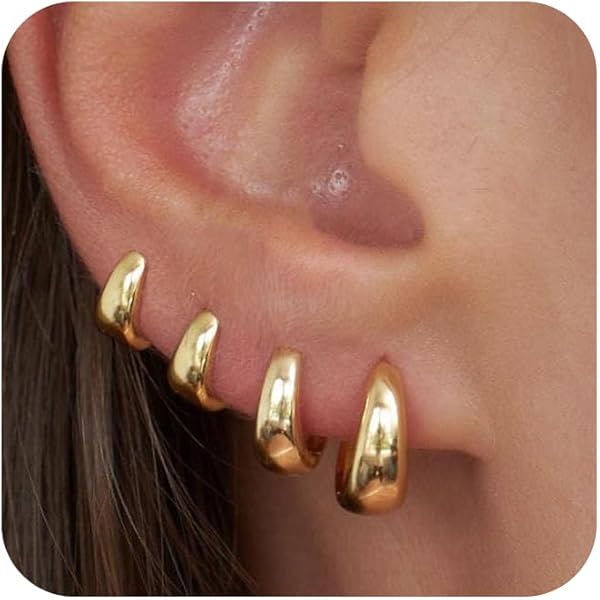 Foxgirl Set Di 4 Paia Di Orecchini Huggie Piccoli E Grossi Per Donna - Placcati In Oro 14K, Ipoallergenici E Leggeri, Ideali Per Multipli Piercing (Oro/Argento)