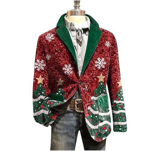 Christmas Corduroy Blazer for Men Ugly Christmas One Button Blazers Casual Lapel Suit Jacket Party Holiday Jack with Pockets
