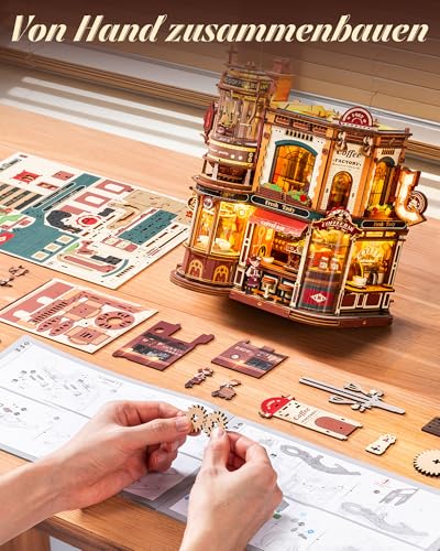 ROKR Dream Coffee Factory EAB02 DIY Miniature Dollhouse Music Box for Adults, Mechanical Coffee Factory Model with Moving Parts, LED Lighting and Jazz Music, Creative Gift