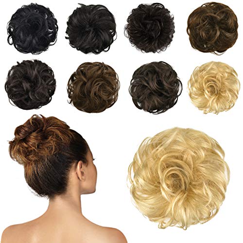 FESHFEN 100% Human Hair Scrunchies (613# Light Bleach Blonde) Curly Messy Hair Bun Extensions Wedding Hair Pieces for Women Kids Hair Updo Donut Chignons