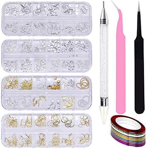 4 Boxes Nail Art Rhinestones Kit (8000 pcs), Gold Silver Metal Nail Alloy Shell Heart DIY 3D Decorations, 11 Pcs Nail Art Striping Tape, 2 Pcs Tweezers and 1 Pc Dotting Pen for Nail Art Clothes Craf