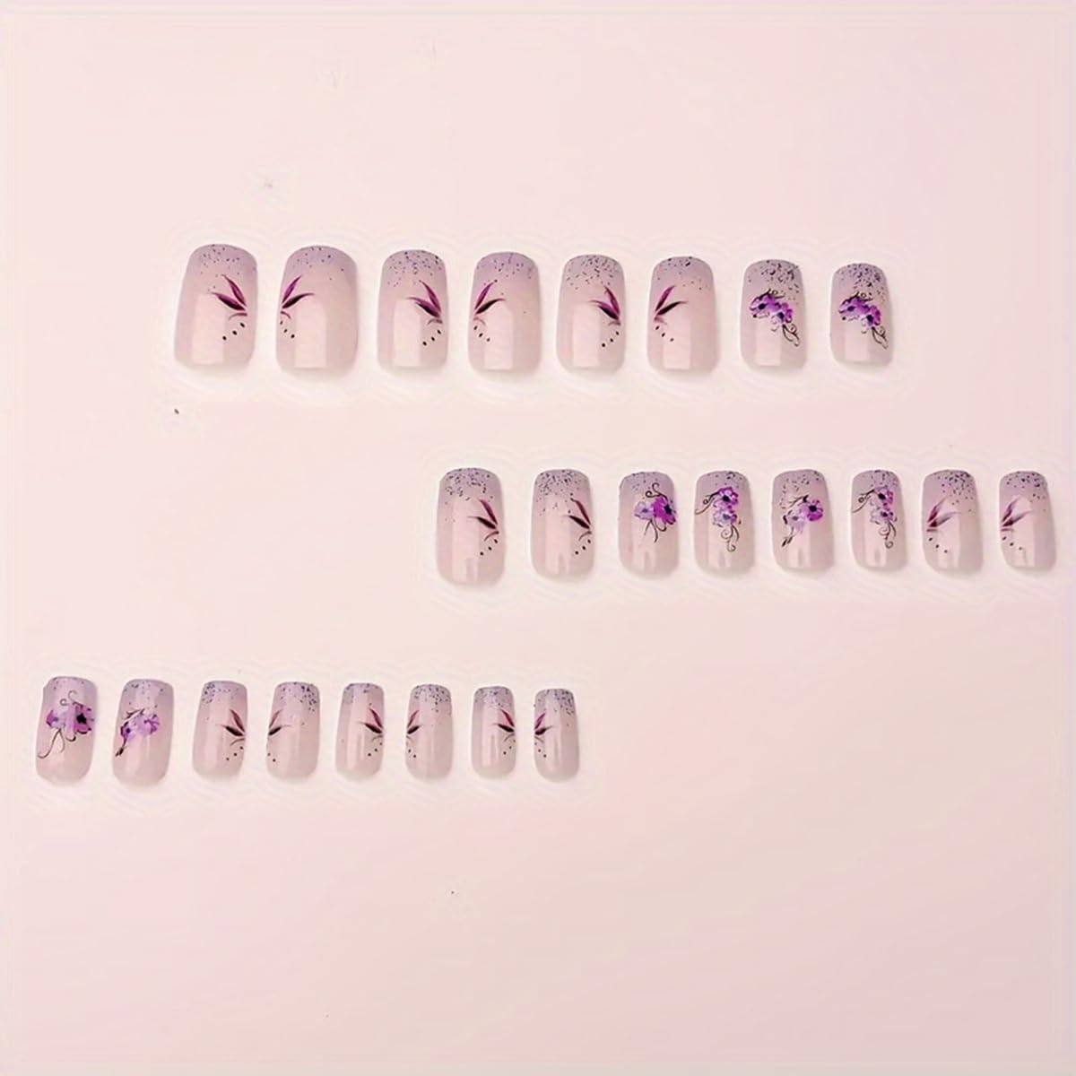 Purple French Press on Nails Short Square Fake Nails Nude False Nails Press ons with Purple Flower Design Glitter Nail Art Tips Full Cover Acrylic Glue on Nails for Women 24 Pcs - Image 3