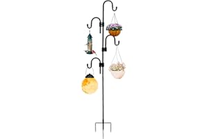 Rexwnadu Shepards Hooks for Outdoor Adjustable Bird Feeder Pole with 5 Base Prongs 76 Inch Heavy Duty Garden Hanging Holder for Lanterns, Solar Lights, Bird Feeder, Wedding, Planter Pot-4 Hooks