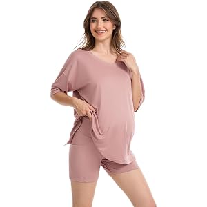Lulleroo Women's Maternity Sets 2 Piece Outfit Short Sleeve Back Slit Top and Pocket Shorts Pregnancy Lounge Set