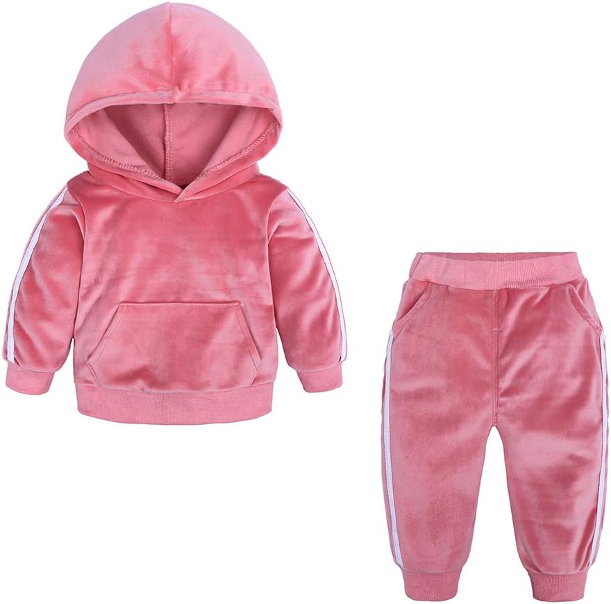 Kids Tales Boys Girls 2Pcs Velvet Hooded Tracksuit Top + Sweatpants Outfits Set(12M-8T)