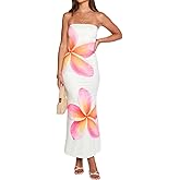 Realtix Women's Summer Floral Print Strapless Bodycon Maxi Dress Sexy Tube Top Fitted Party Long Dresses Wedding Guest